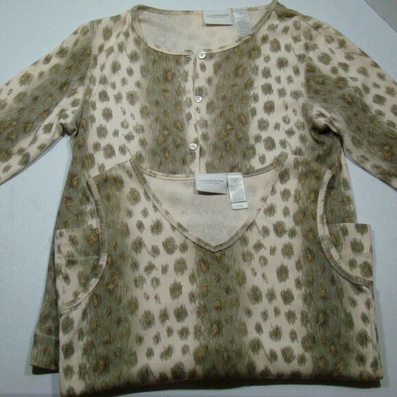 Liz Claiborne Olive Green and Cream Animal Print Twinset 100% Cotton Leopard - Picture 2 of 7